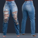 Elastic Ripped Tassel Straight-leg Jeans