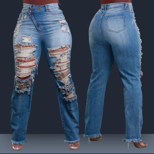 Elastic Ripped Tassel Straight-leg Jeans