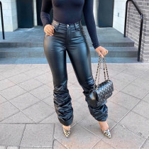 Fashion Button Zipper Elastic Hem Stacked PU Leather Pants
