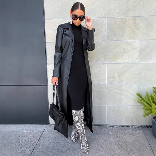 Spring Autumn Long Black Fitted Pu Leather Trench Coat