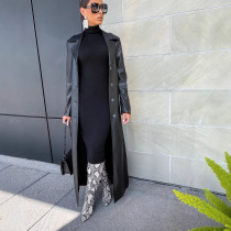 Spring Autumn Long Black Fitted Pu Leather Trench Coat