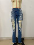 Elastic Ripped Tassel Straight-leg Jeans