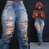 Elastic Ripped Tassel Straight-leg Jeans