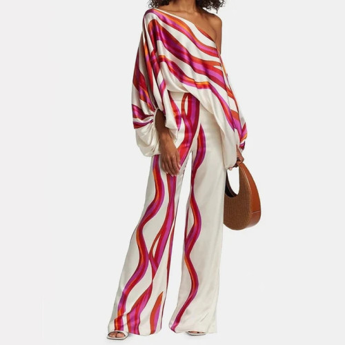 Women's Outfits Set Print Satin Sleeve Off Shoulder Top Wide Leg Pants Suit