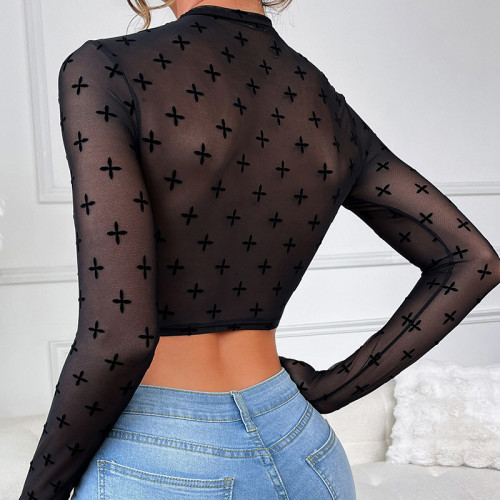 Black Graphic Print Mock Neck Crop Mesh Top Without Bra