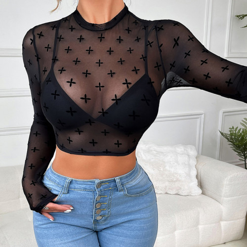 Black Graphic Print Mock Neck Crop Mesh Top Without Bra
