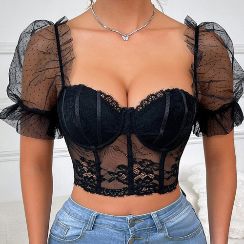 Women's Floral Bustier Puff Sleeve Tops Slim Fit Corset Crop Top