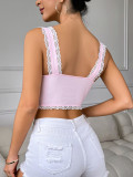 Women's Lace Trim Sleeveless Blouse Open Front Self Tie Front Crop Tank Top