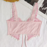 Women's Lace Trim Sleeveless Blouse Open Front Self Tie Front Crop Tank Top