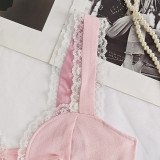 Women's Lace Trim Sleeveless Blouse Open Front Self Tie Front Crop Tank Top