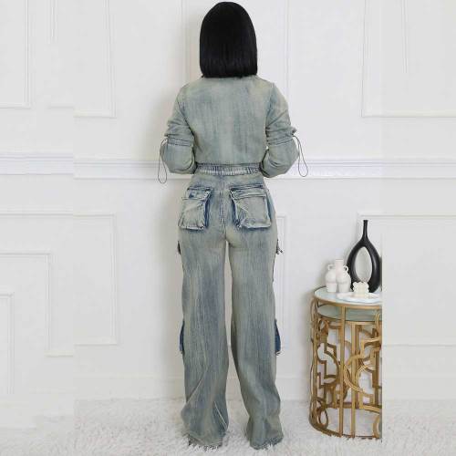 Sexy High Elasticity Multi-Pocket Washing Denim Casual Set Two Pieces