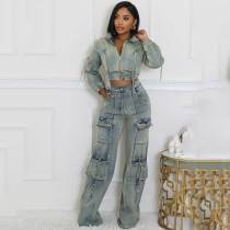 Sexy High Elasticity Multi-Pocket Washing Denim Casual Set Two Pieces