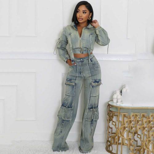 Sexy High Elasticity Multi-Pocket Washing Denim Casual Set Two Pieces