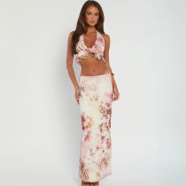 Sexy Halter Neck Sleeveless Printed Halter Top Skirt Set