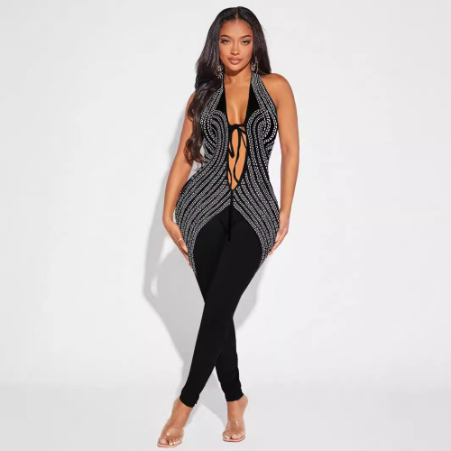 Halter Backless V Neck Hot Drill Jumpsuit