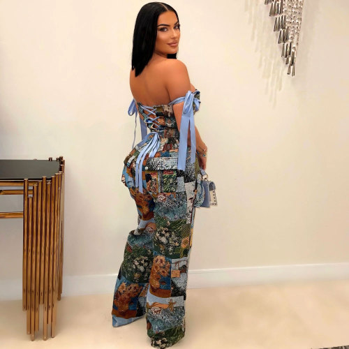 Casual Printed Oil Painting Pattern Tie Drawstring Pants Set with Multi-Pocket