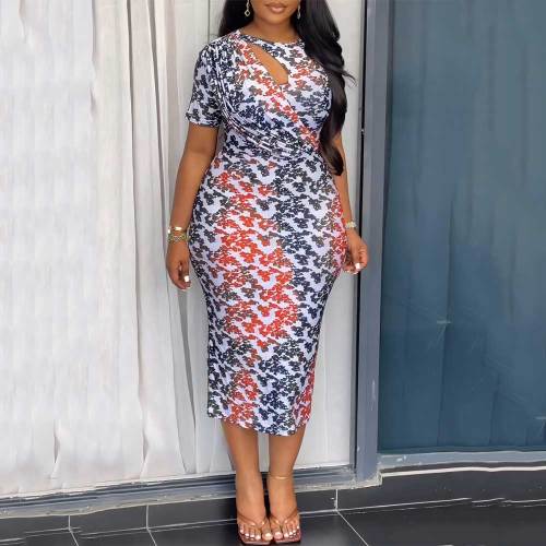 Contrast Color Print Hollow Elastic Back Slit Bodycon Midi Dress