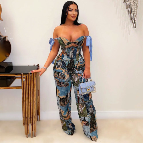 Casual Printed Oil Painting Pattern Tie Drawstring Pants Set with Multi-Pocket