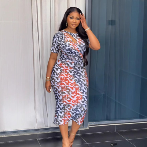 Contrast Color Print Hollow Elastic Back Slit Bodycon Midi Dress