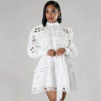 Solid Color Lace Stitching Hollow Party Dress