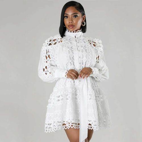 Solid Color Lace Stitching Hollow Party Dress