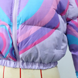 Colorblock Heart Print Cropped Cotton Jacket Zipper Coats