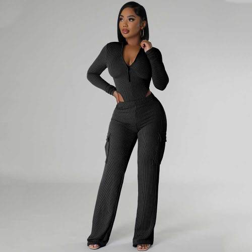 Elastic Twisted Long Sleeve Rompers & Trousers with Pockets