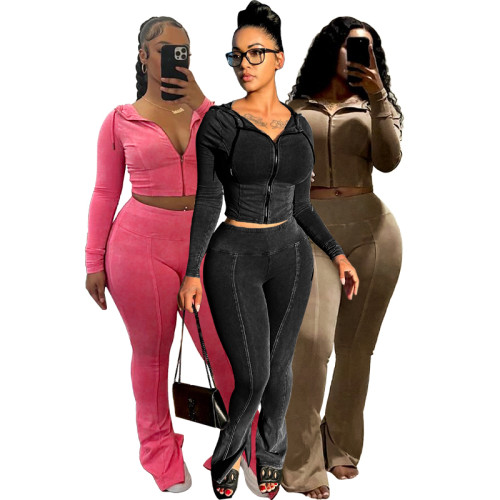 Cotton Washed Distressed Zipper Hooded Flares Bottom Two Piece