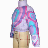 Colorblock Heart Print Cropped Cotton Jacket Zipper Coats