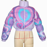 Colorblock Heart Print Cropped Cotton Jacket Zipper Coats