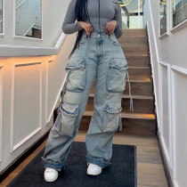 Womens Cargo Jeans High Waisted Wide Leg Denim Cargo Pants with Flap Pockets