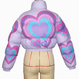 Colorblock Heart Print Cropped Cotton Jacket Zipper Coats