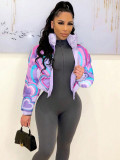 Colorblock Heart Print Cropped Cotton Jacket Zipper Coats