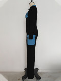 Solid Patchwork Front Zipper Lapel Jumpsuit with Pockets