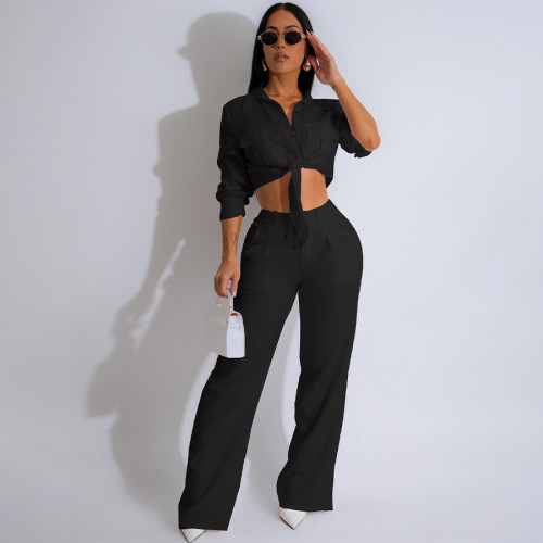 Solid Long Sleeve Single Breasted Lace-Up Lapel Pant Set with Pocket