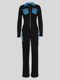 Solid Patchwork Front Zipper Lapel Jumpsuit with Pockets