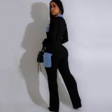 Solid Patchwork Front Zipper Lapel Jumpsuit with Pockets
