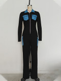 Solid Patchwork Front Zipper Lapel Jumpsuit with Pockets