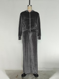 Women's Velvet 2-Piece Hoodie Set Zipper Pocket Sweatshirt Wide Leg Pants Tracksuit Set