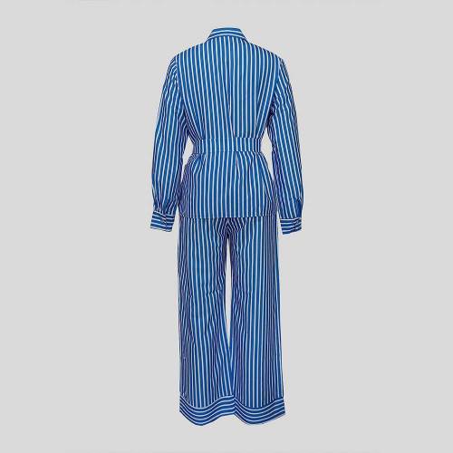 Casual Print Striped Single Breasted Lapel Lace-Up Side Slit Shirt Two Piece