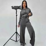 Women's Velvet 2-Piece Hoodie Set Zipper Pocket Sweatshirt Wide Leg Pants Tracksuit Set