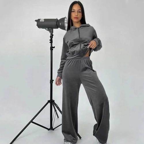 Women's Velvet 2-Piece Hoodie Set Zipper Pocket Sweatshirt Wide Leg Pants Tracksuit Set