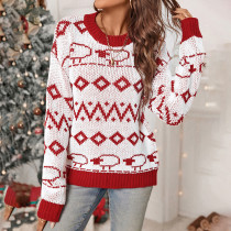 Autumn/Winter Christmas Outfit Red V-Neck Loose Pullover Knitted Sweater