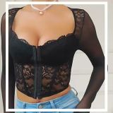 Sexy Corset Crop Top Square Neck Lace Mesh Patchwork Bustier Sheer Shirt