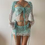 Solid Sequin Crochet 3 Piece Y2K Crop Top Knitted Fashion Sparkle Mini Skirts