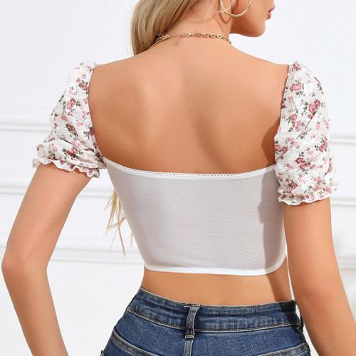 Casual Printed Puff Sleeves Lace See-through All-match Tops