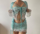 Solid Sequin Crochet 3 Piece Y2K Crop Top Knitted Fashion Sparkle Mini Skirts
