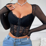 Sexy Corset Crop Top Square Neck Lace Mesh Patchwork Bustier Sheer Shirt