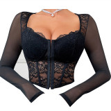 Sexy Corset Crop Top Square Neck Lace Mesh Patchwork Bustier Sheer Shirt