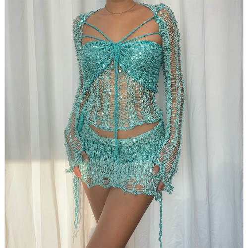 Solid Sequin Crochet 3 Piece Y2K Crop Top Knitted Fashion Sparkle Mini Skirts